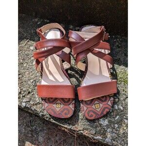 Nine West Shoes Women SZ 8.5 Cognac Yesta Leather Strappy Boho Sandals